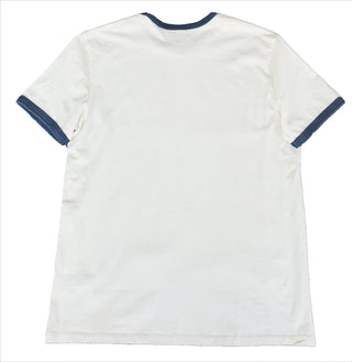 Unisex Ringer-T-Shirt von Josyland in weiß mit rotem Kragen und Ärmelbündchen, lässiger Stil, auf hellem Hintergrund.