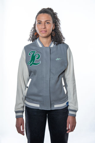 Frauen Josyland Premium College Jacke, dunkelblau mit weißen Ärmeln, modisch und bequem, aus weichem Material.
